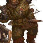 Armored character with smirk, horned helmet, metallic gauntlets, fur-trimmed boots