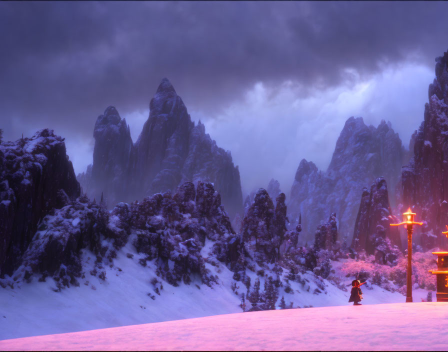 Solitary figure in snowy mountain landscape at dusk with purple skies and lanterns.