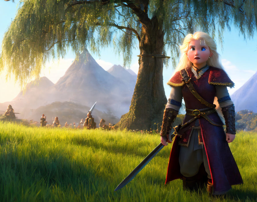 Young female warrior with sword in fantasy setting surrounded by mountains and warriors.