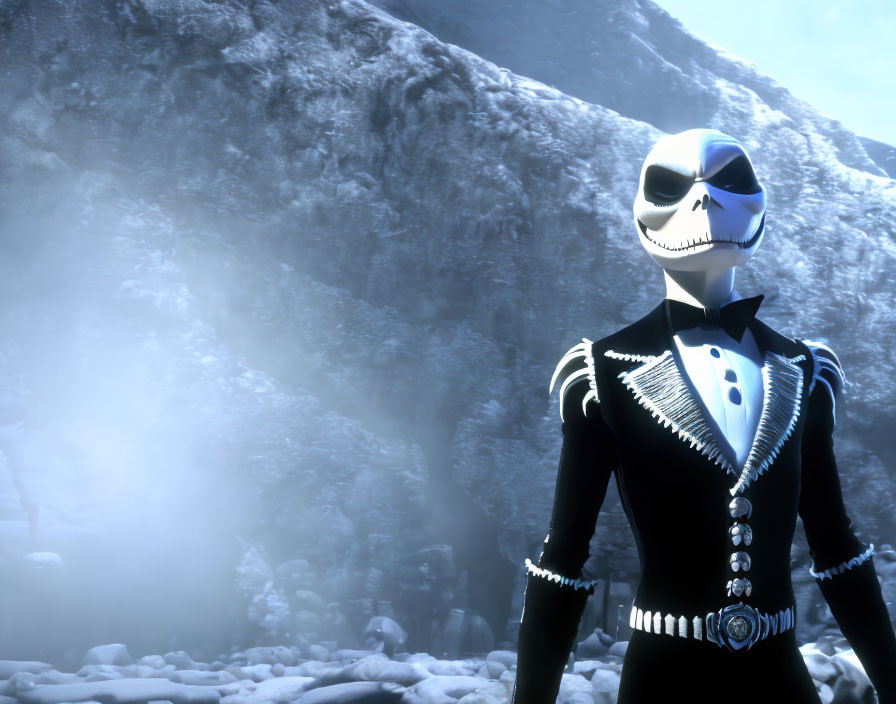 Skeletal character in black suit in snowy landscape with bright light and rock formations