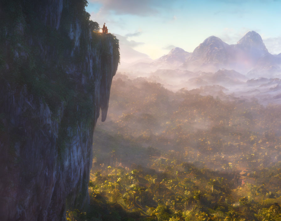 Serene sunrise over misty jungle, mountains, temple, and lush greenery