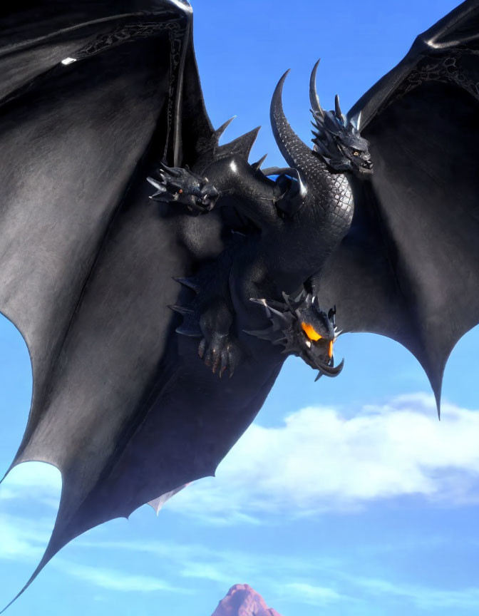 Animated black dragon flying in blue sky with clouds and rocky peak