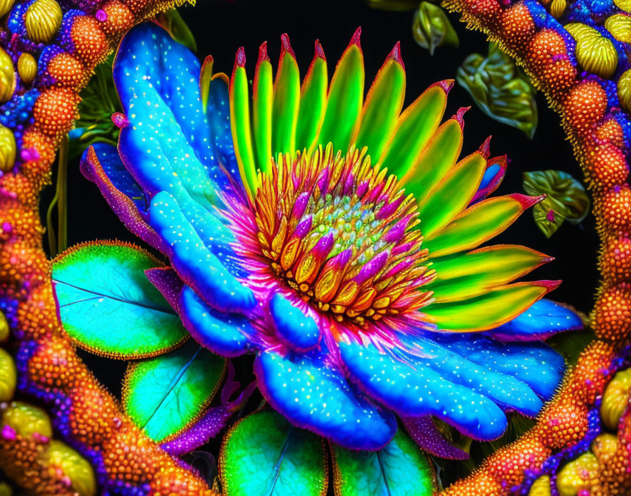 Vibrantly Colored Flower with Neon Effect and Blue-Yellow Petals