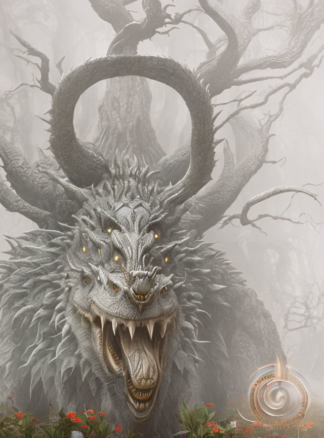 Mythological dragon with horns and multiple eyes in foggy forest