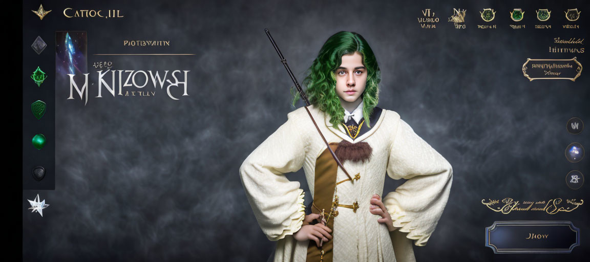 Fantasy-themed character with green hair in white and brown costume on dark background.