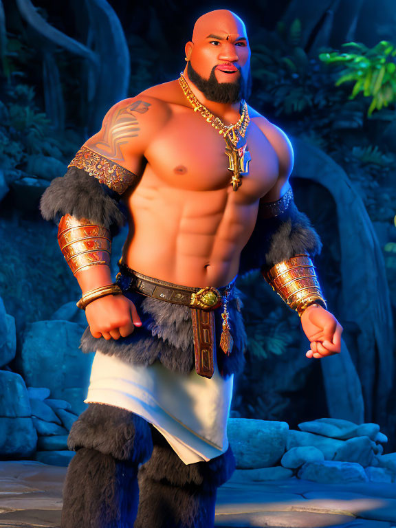 Muscular animated character in white skirt with tattoos, gold arm cuffs, and fur shoulder piece in forest