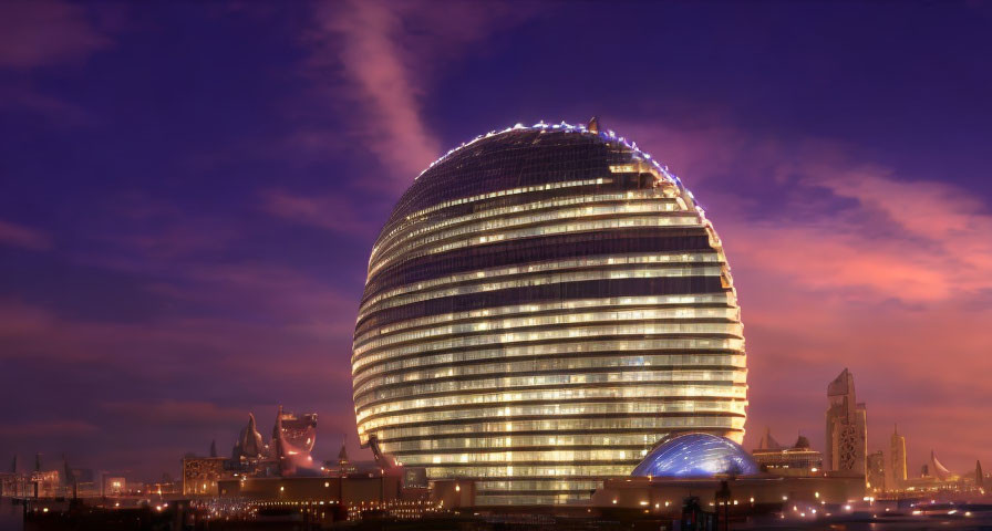 Futuristic spherical building illuminated at twilight with horizontal lights against purple sky