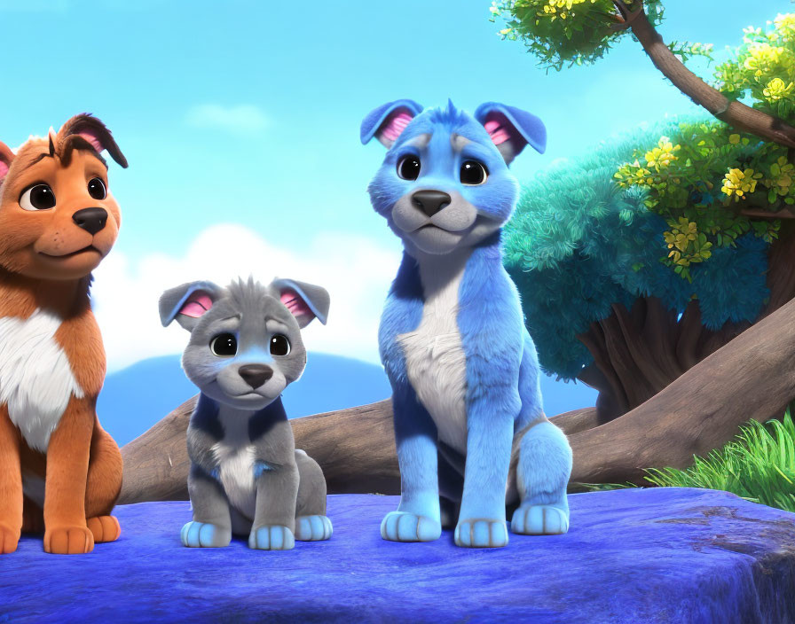 Three animated dogs in natural setting with large eyes and blue skies