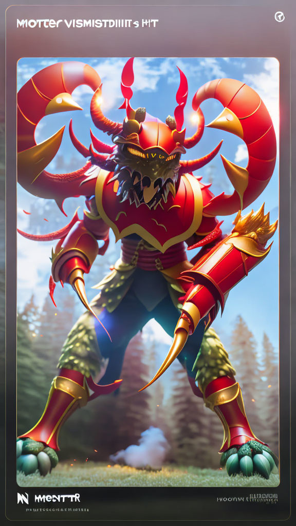 Fantasy trading card: Red and gold armored creature in forest.