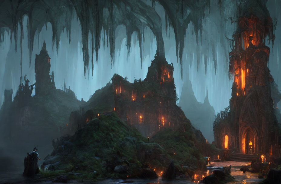 Mystical cavern with stalactites, islands, cloaked figure, and ancient structures