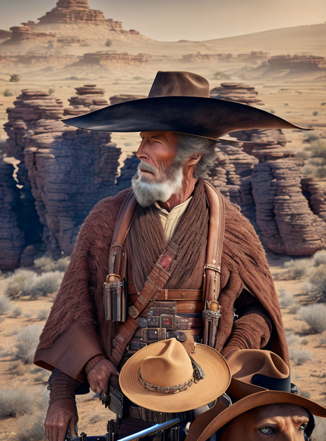 Gray-bearded cowboy in wide-brimmed hat gazes in desert landscape