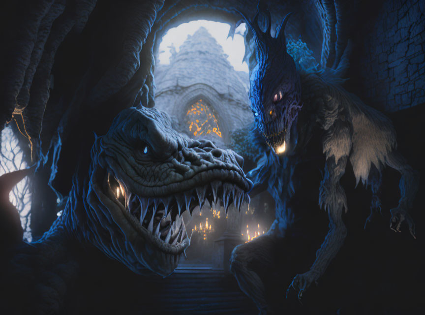 Two dragons in dimly lit stone tunnel with gothic architecture
