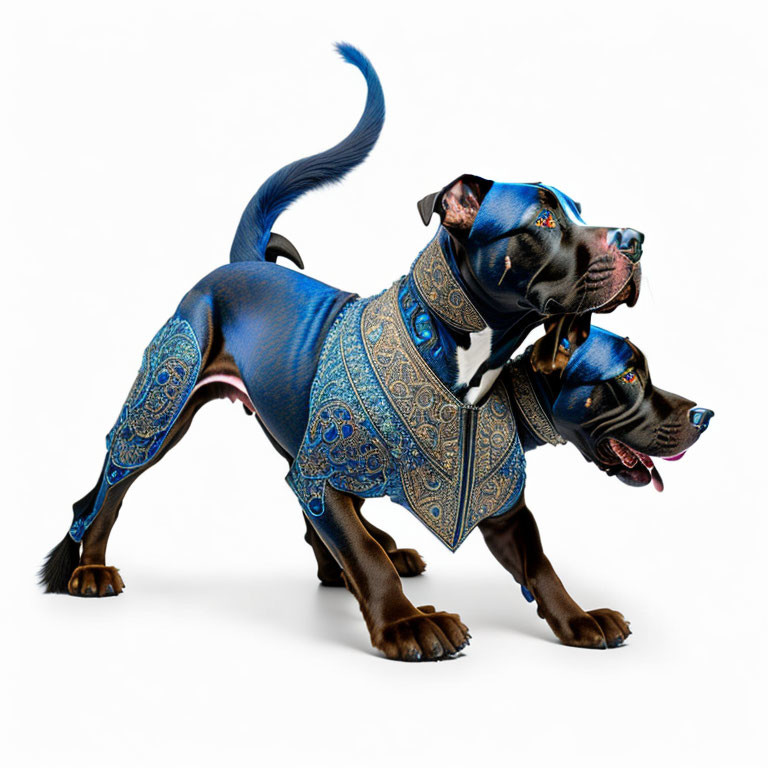 Unique two-headed dog in blue vest on white background