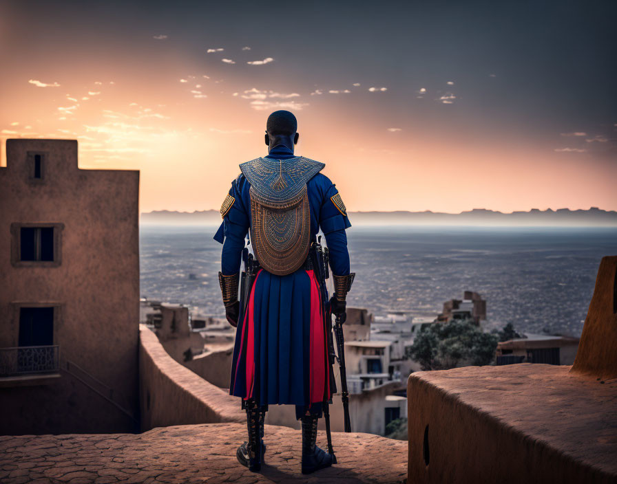 Futuristic blue and gold costume overlooking cityscape at sunset