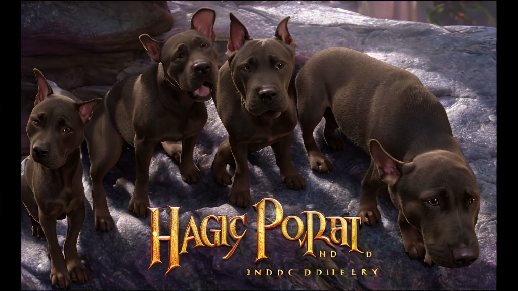 Animated brown dogs with floppy ears in "Magic Portal" fantasy font sitting among rocks