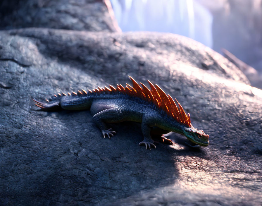 Fantasy lizard with spiny orange ridgeback on rocky surface