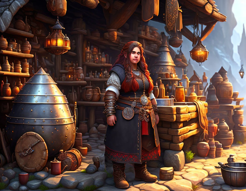 Digital art of female blacksmith in medieval village setting with armor and metalwork.