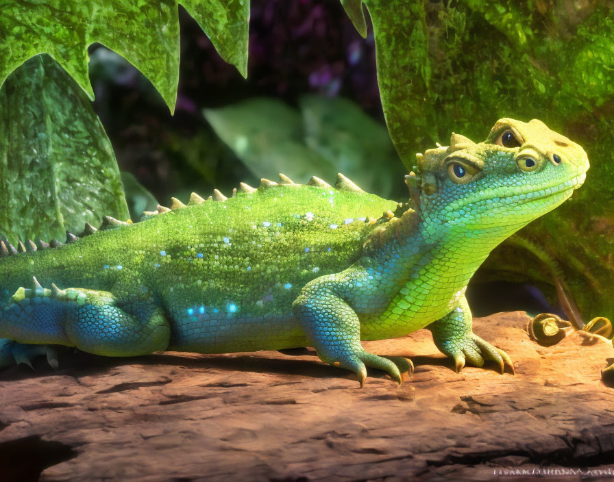 Two-headed lizard with green scales on rock with bioluminescent spots