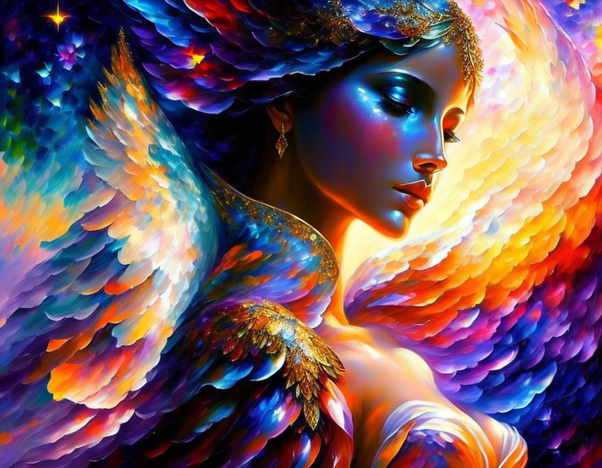 Colorful artwork: Woman with blue skin and bird-like wings in vibrant, starry setting