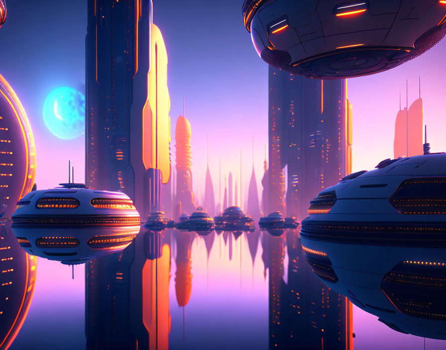 Futuristic cityscape with towering buildings and flying vehicles under a twilight sky.