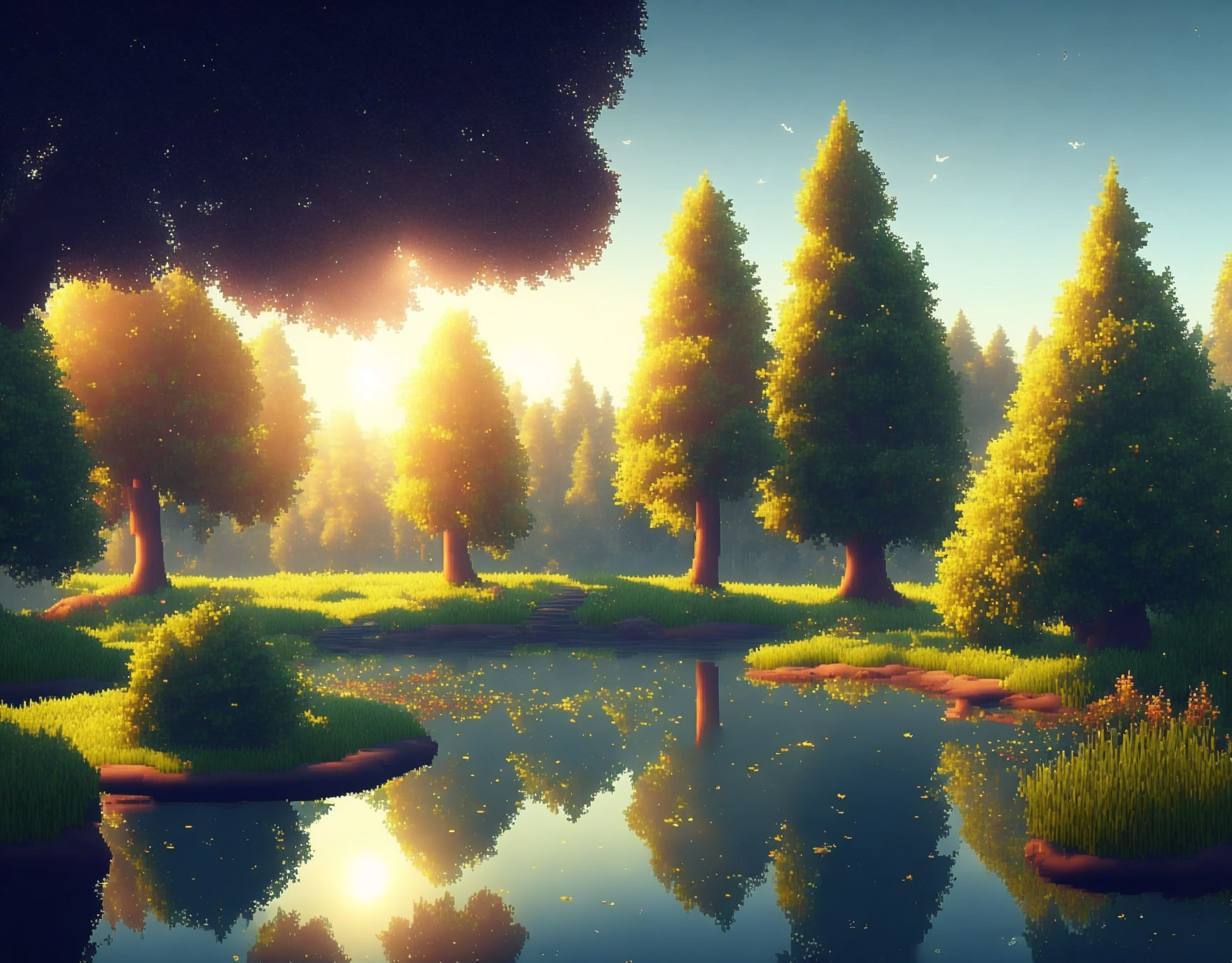 Tranquil forest sunset with golden light and pond landscape