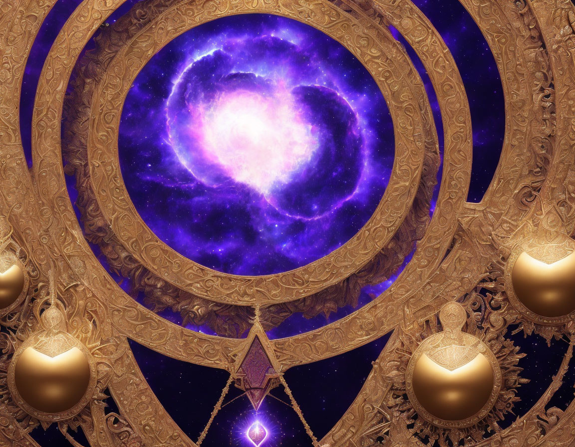 Golden mandala with purple galaxy and cosmic elements.