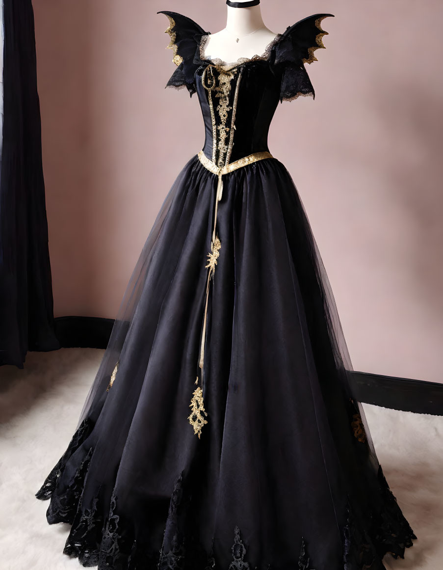 Black Gothic Dress with Gold Embroidery and Off-the-Shoulder Neckline