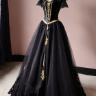 Black Gothic Dress with Gold Embroidery and Off-the-Shoulder Neckline