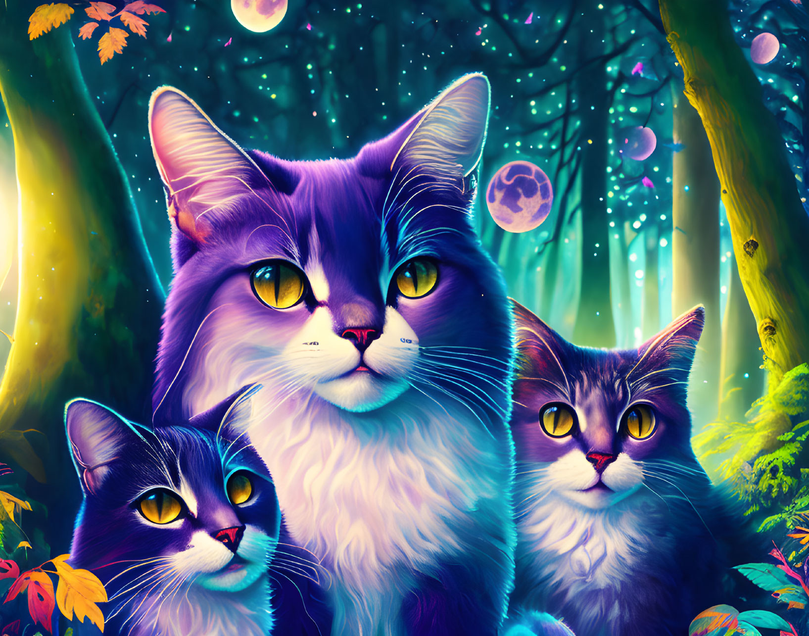 Colorful Whimsical Cats in Vibrant Magical Forest