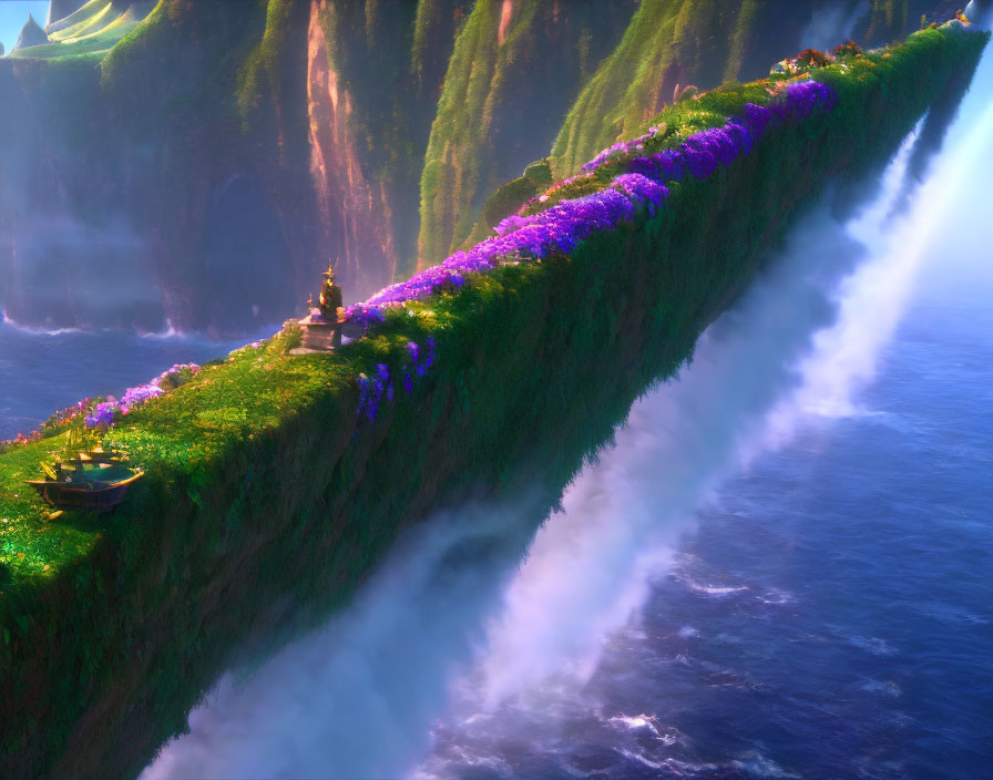 Scenic green cliff with vibrant flowers, temples, and waterfall landscape.