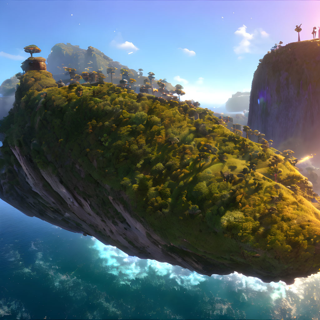 Floating island with lush greenery, waterfalls, person at edge