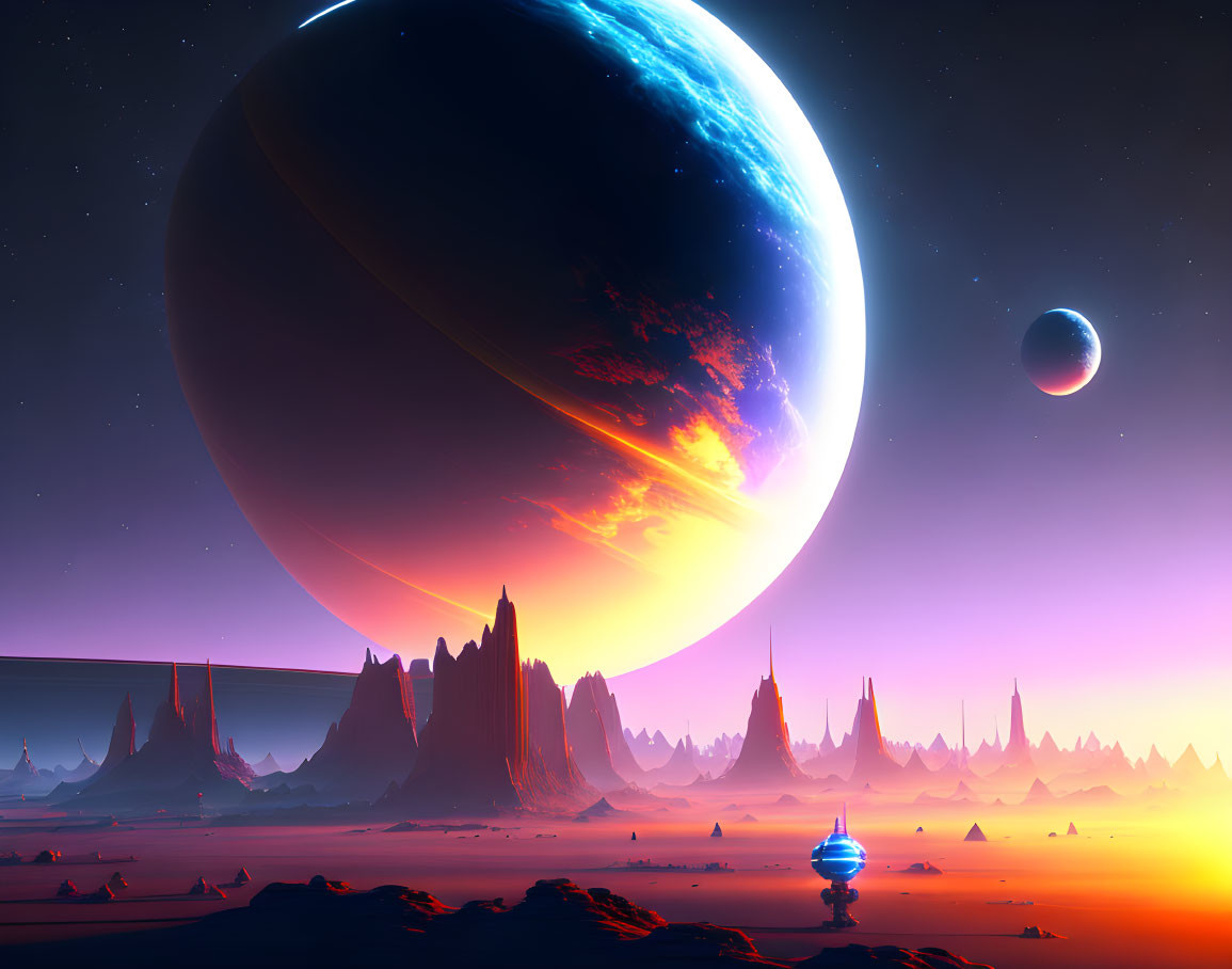 Surreal sci-fi landscape with towering rock formations and celestial bodies at dusk