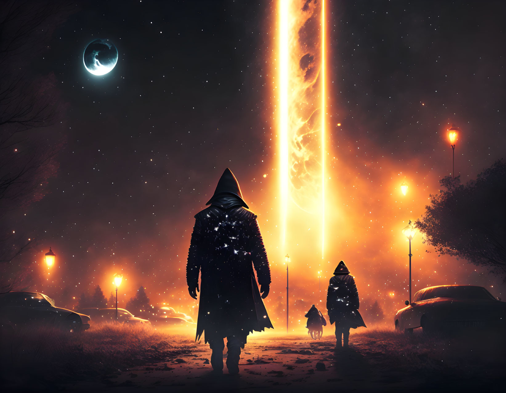 Two cloaked figures approach fiery streak at night with cars and street lamps under crescent moon