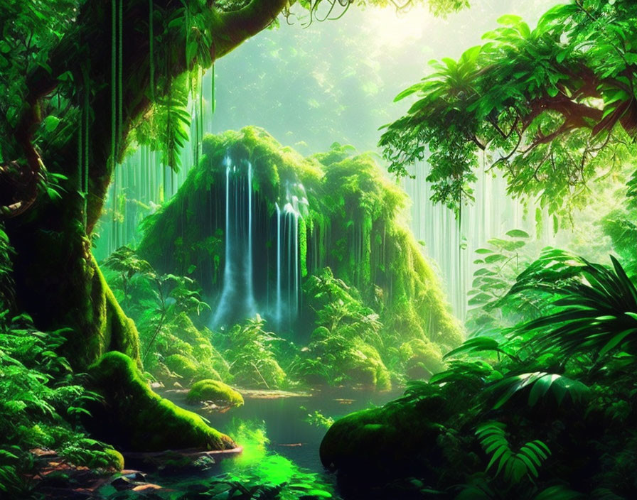 Lush Jungle Scene with Serene Waterfall and Sunlight Beams