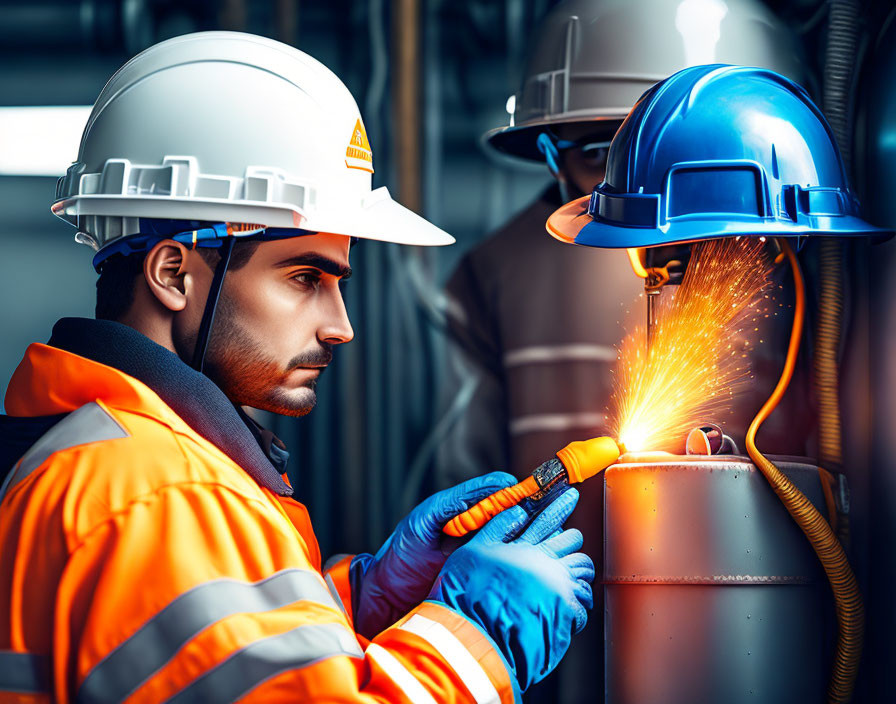 Workers in high-visibility jackets welding metal component with sparks.