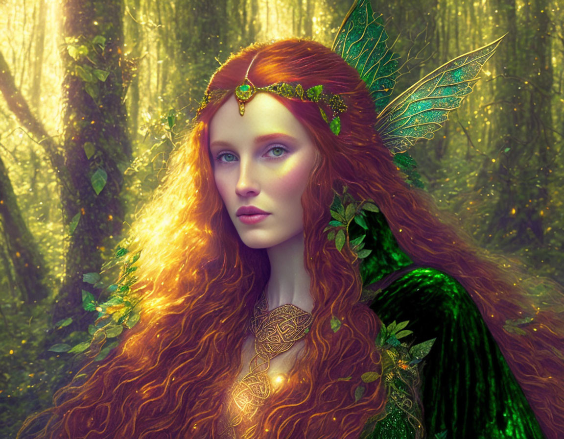 Red-haired woman with leafy tiara and green wings in enchanted forest.