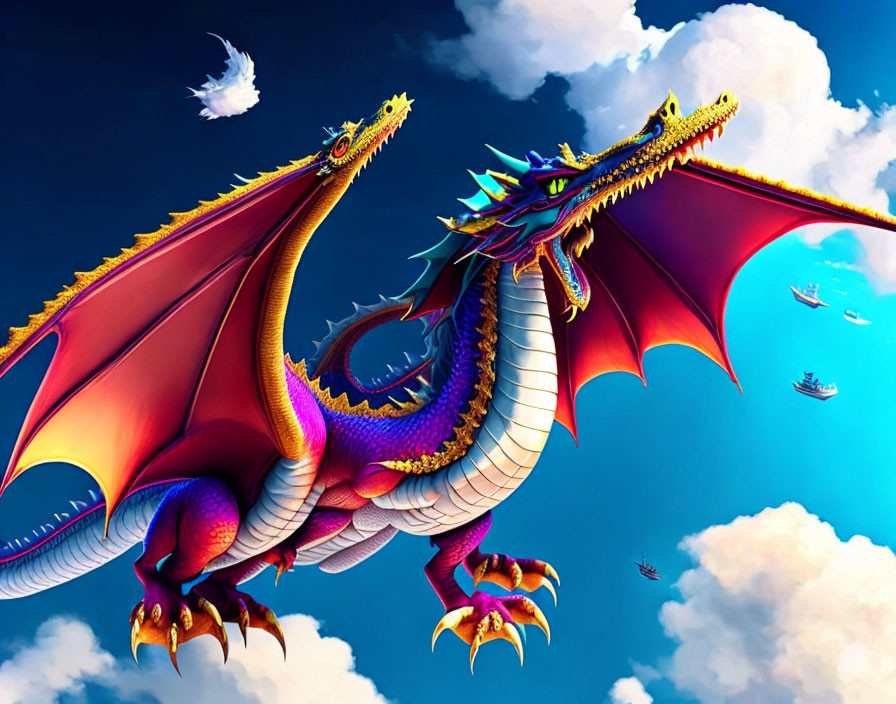 Multicolored dragon with extended wings flying in sky with clouds