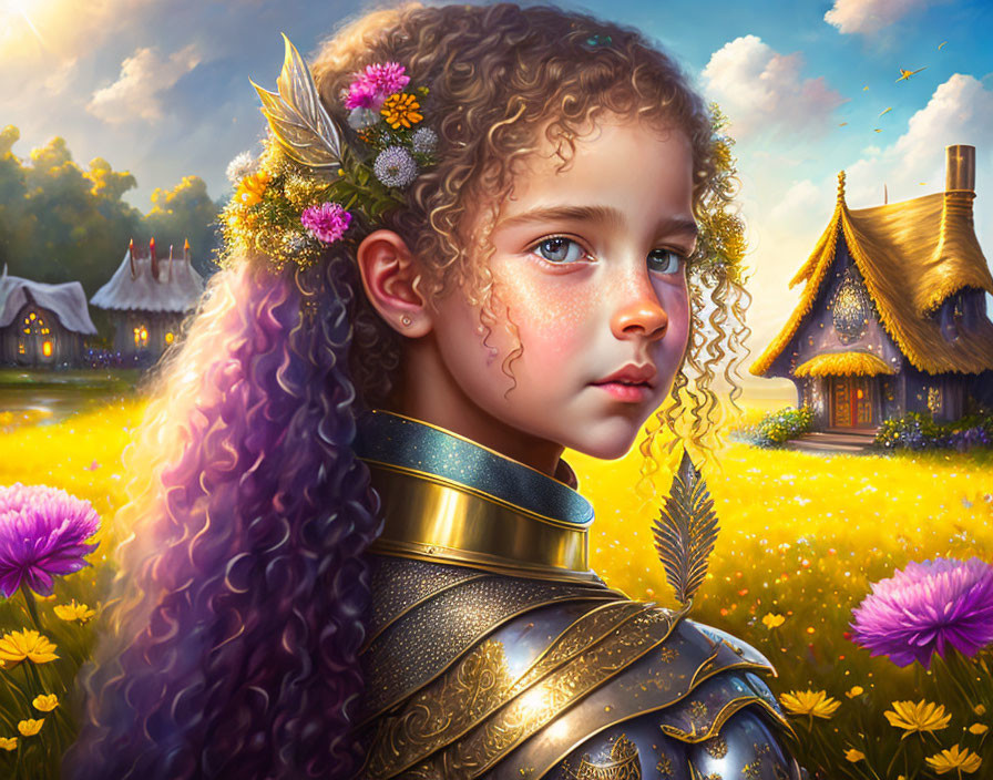 Curly-Haired Girl in Armor with Flowers and Cottage Landscape