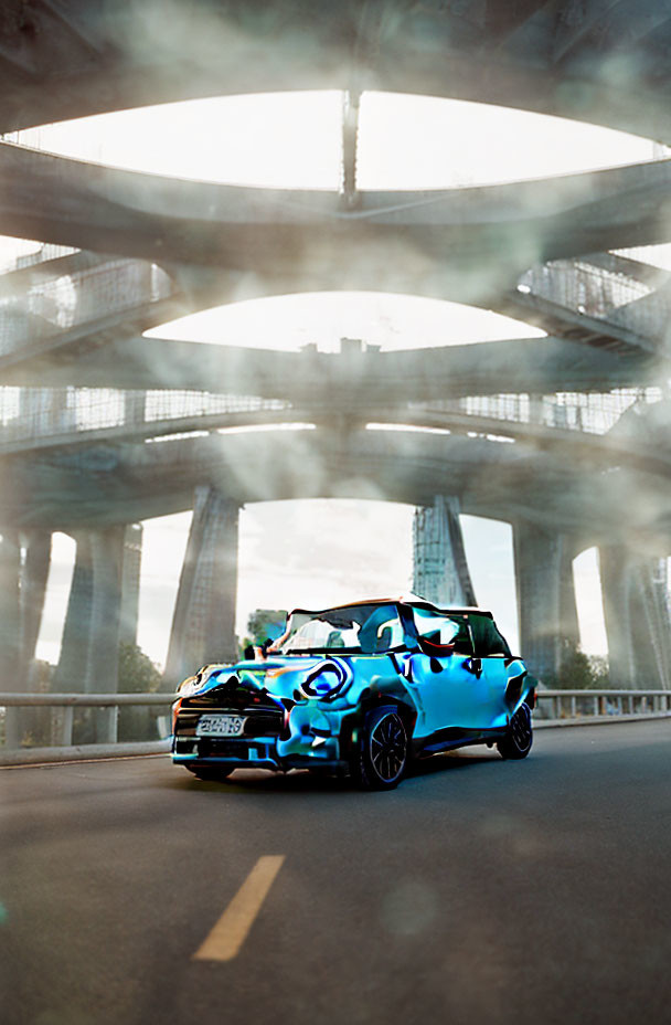 Vibrant car under illuminated bridge with cloudy sky