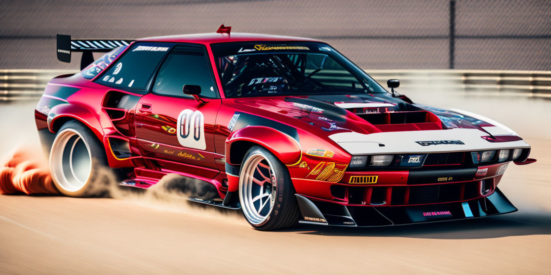 Red and Black Racecar with Number 00 and Sponsor Decals Speeding on Track