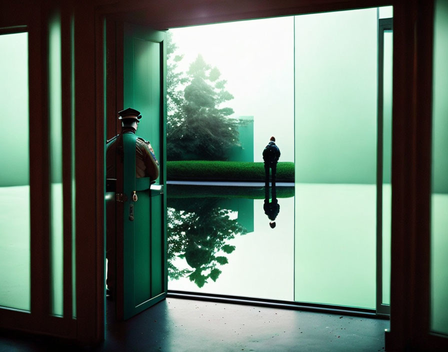 Guard by open door in serene outdoor space with reflected figure and green-tinted glass walls