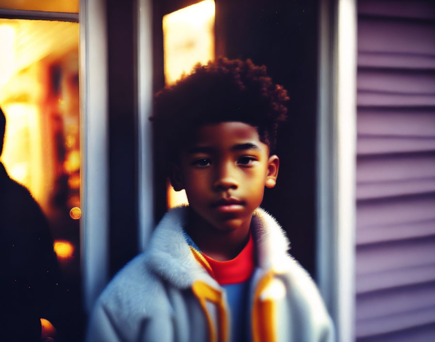 Young person with afro hairstyle in blue and yellow jacket at doorway