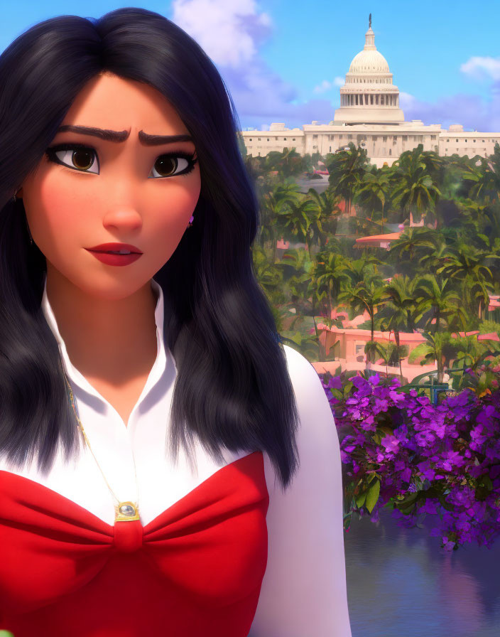 Dark-haired female character in red and white outfit with U.S. Capitol Building