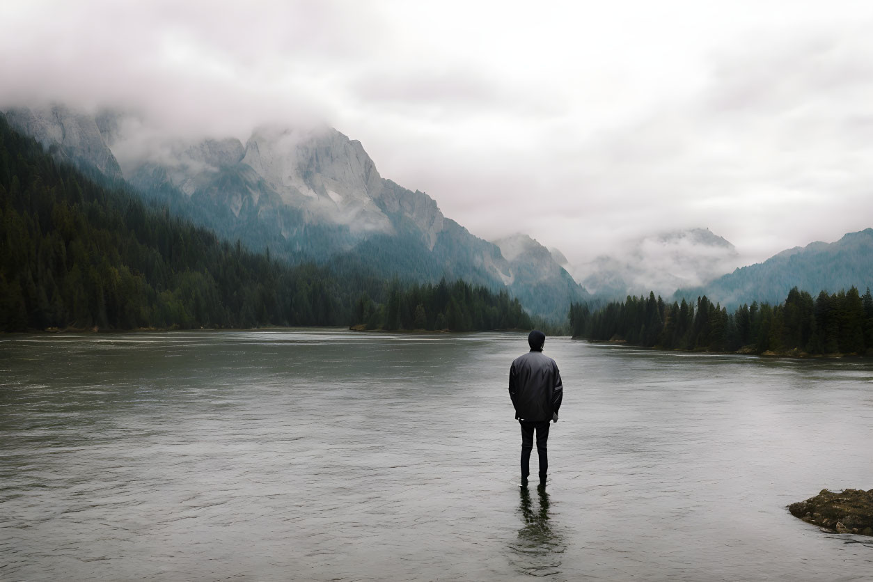 Person standing in river near misty mountains under overcast sky