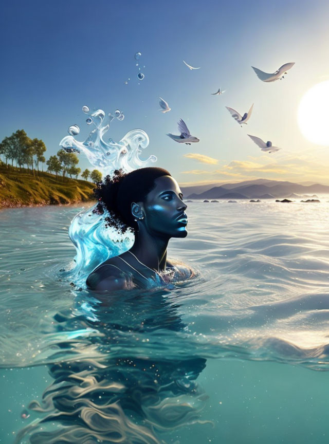 Woman partially submerged in water with hair transforming into water splashes and birds at sunset