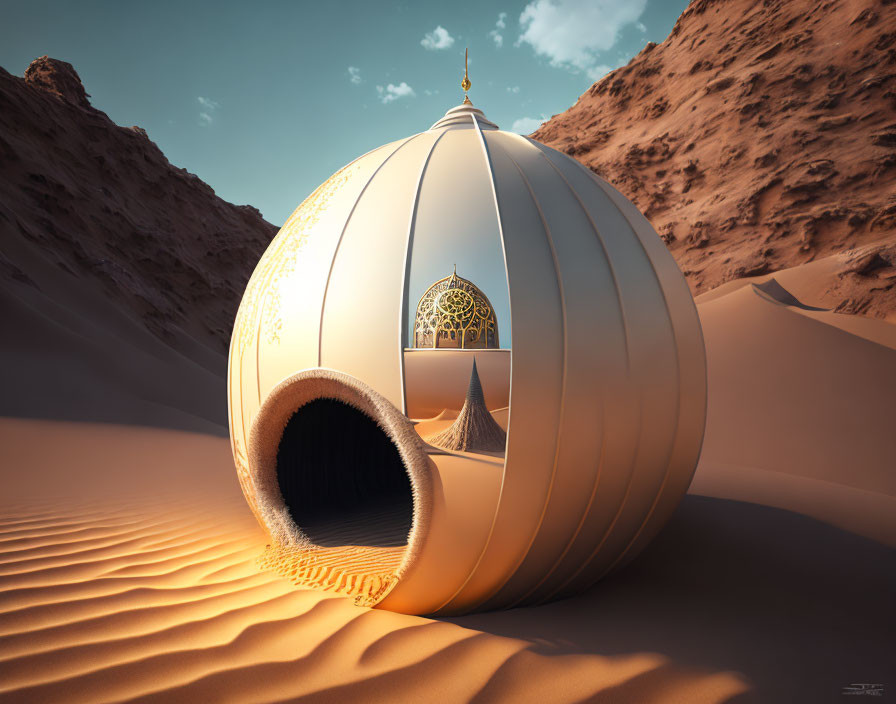 Surreal desert landscape with half-buried dome structure