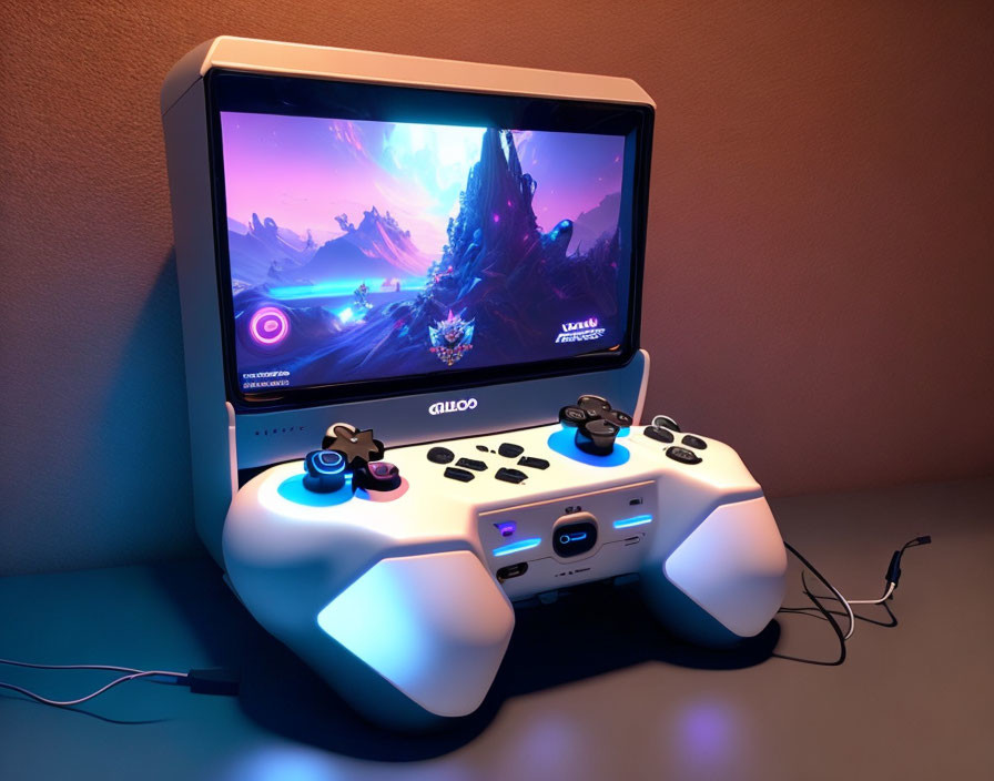 Vintage CRT Monitor Shows Fantasy Game with White Gamepad on Blue and Orange Wall