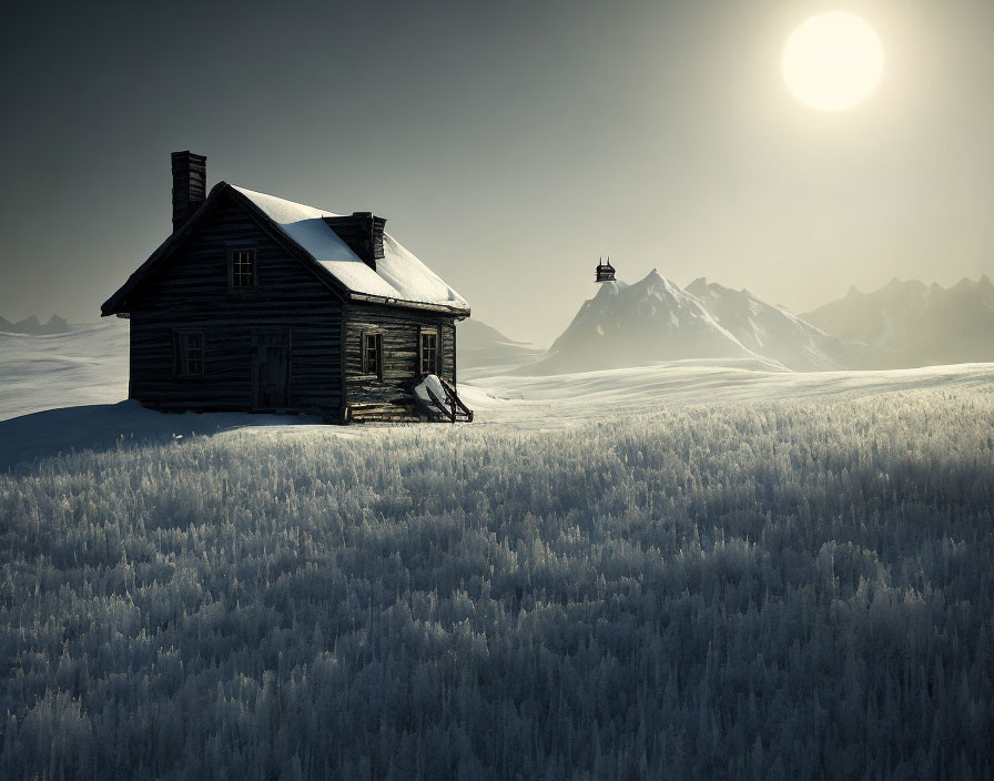 Snowy Fields: Wooden Cabin in Sunlit Landscape with Distant Mountains