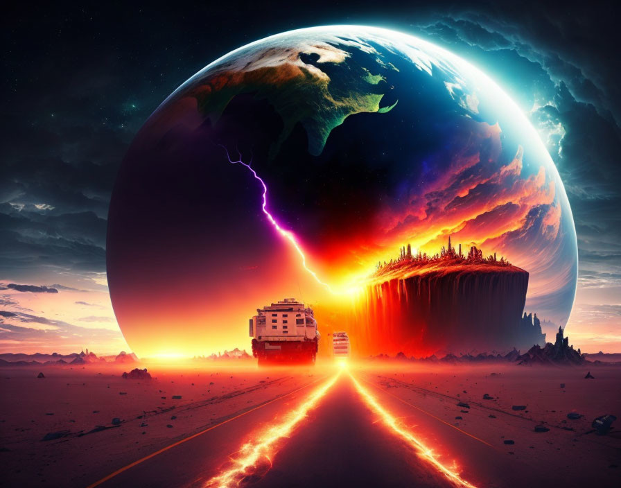 Surreal landscape with floating earth and lightning strike