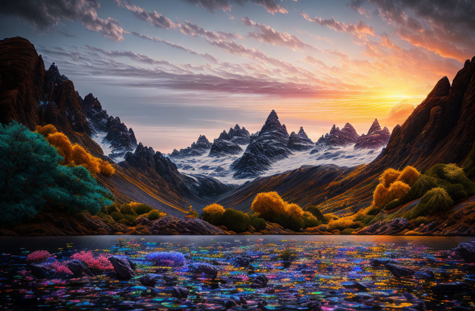 Colorful Sunset Scene Over Serene Lake and Majestic Mountains